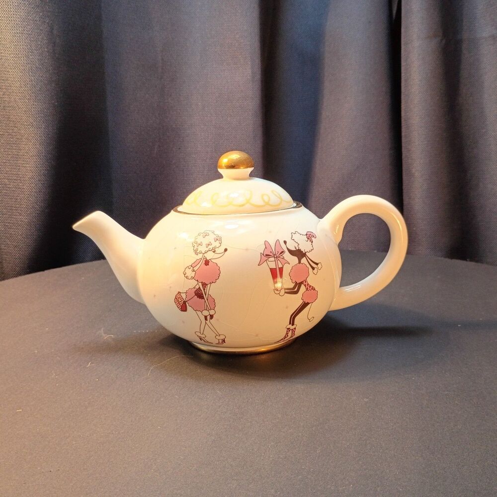 Vintage Paul Cardew French Poodle Teapot & Lid, MCM Pink Deco, England, 18K Gold